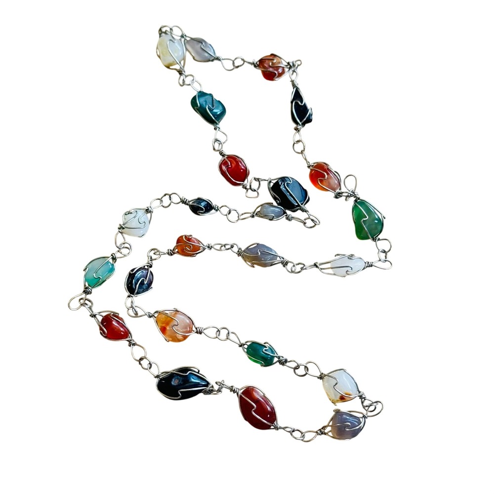 VTG Boho Beaded Caged Necklace Brass Wired Carnelian Agate Quartz Stone 30" 35g